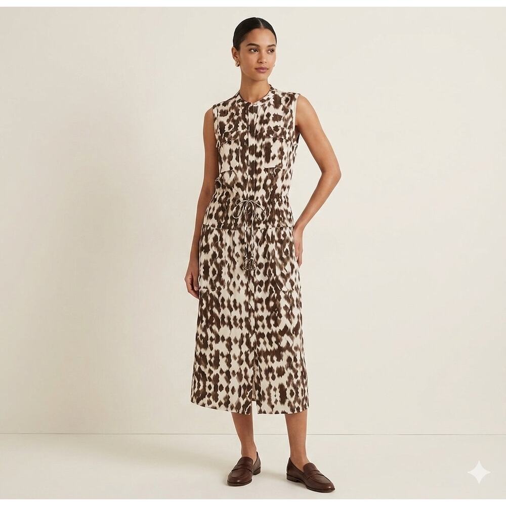 VINCE Silk Midi Shirt Dress Brown Ivory Abstract Print Drawstring Quite Luxury 8